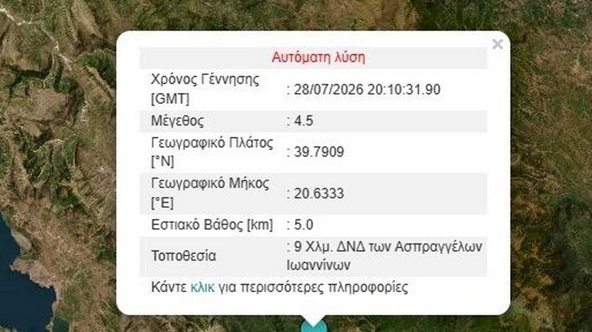 Σεισμός 4,5 Ρίχτερ στα Ιωάννινα